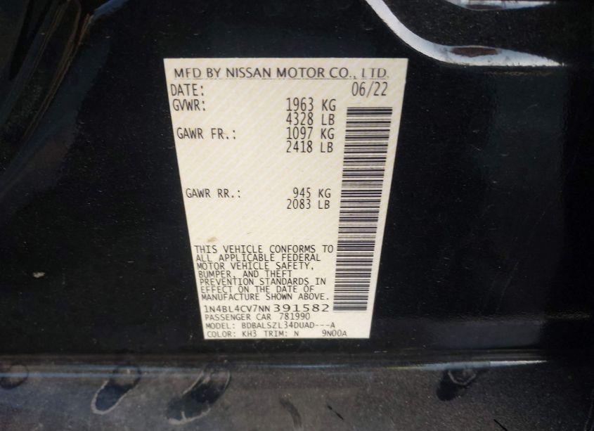 Photo 9 of 2022 Nissan Altima SR FWD (VIN 1N4BL4CV7NN391582)