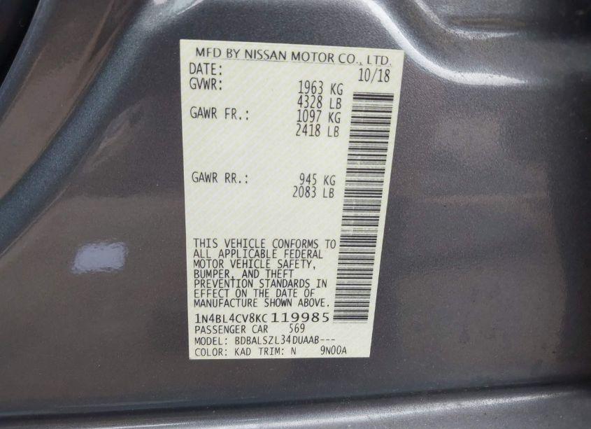 Photo 9 of 2019 Nissan Altima 2.5 SR (VIN 1N4BL4CV8KC119985)