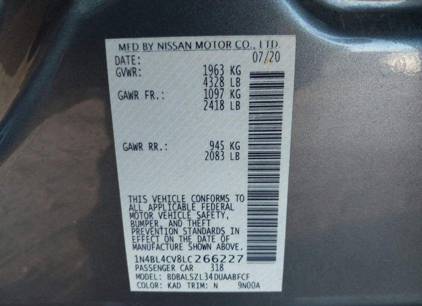 Photo 9 of 2020 Nissan Altima SR FWD (VIN 1N4BL4CV8LC266227)