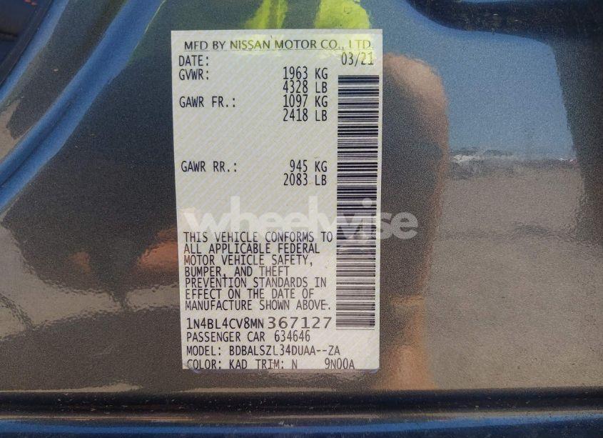 Photo 9 of 2021 Nissan Altima SR FWD (VIN 1N4BL4CV8MN367127)