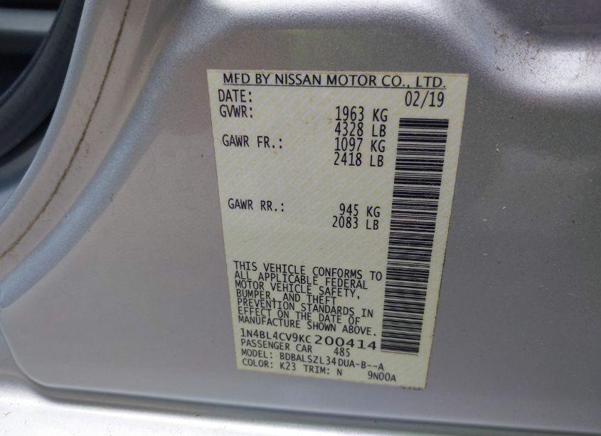 Photo 9 of 2019 Nissan Altima 2.5 SR (VIN 1N4BL4CV9KC200414)