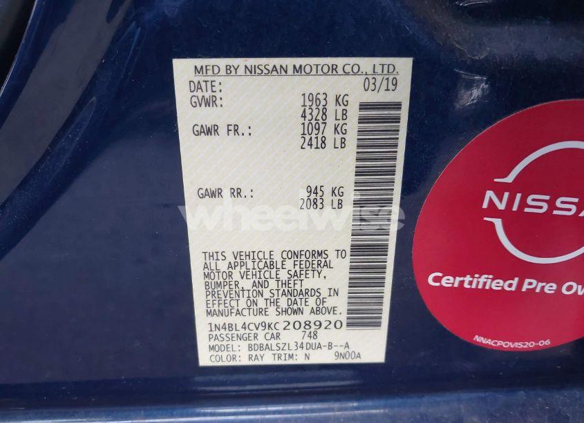 Photo 9 of 2019 Nissan Altima 2.5 SR (VIN 1N4BL4CV9KC208920)