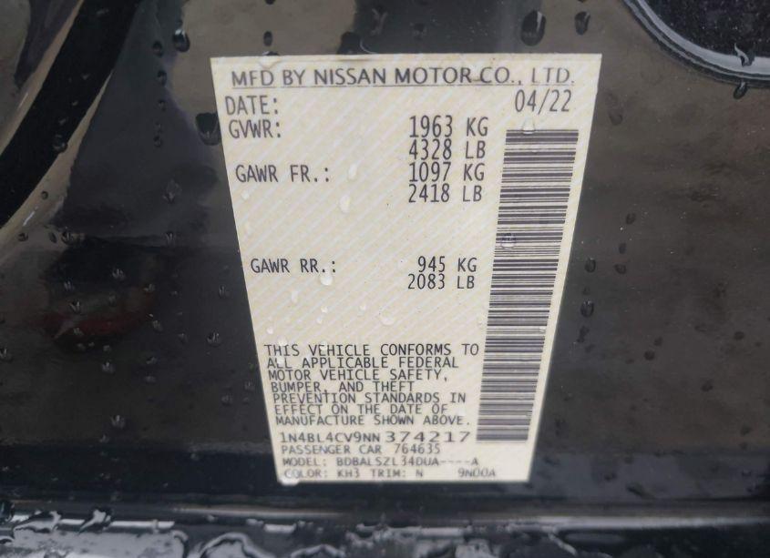 Photo 9 of 2022 Nissan Altima SR FWD (VIN 1N4BL4CV9NN374217)