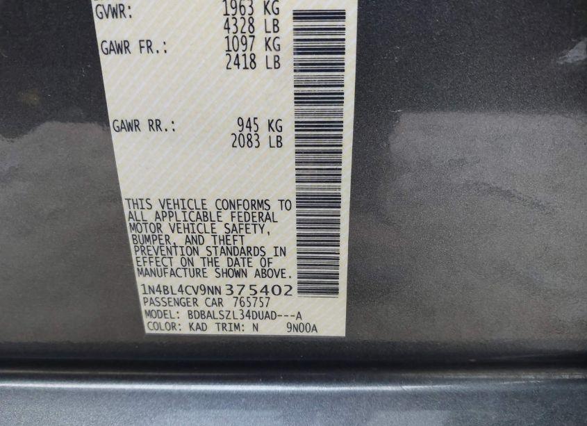 Photo 9 of 2022 Nissan Altima SR FWD (VIN 1N4BL4CV9NN375402)