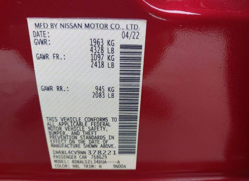 Photo 9 of 2022 Nissan Altima SR FWD (VIN 1N4BL4CV9NN378221)