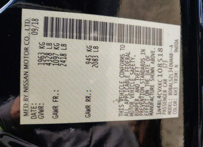 Photo 9 of 2019 Nissan Altima 2.5 SR (VIN 1N4BL4CVXKC108518)