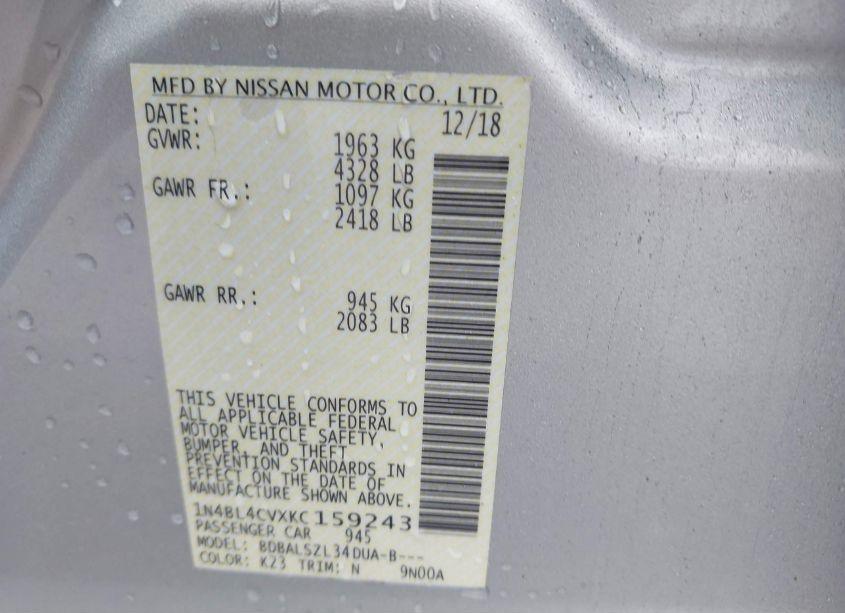 Photo 9 of 2019 Nissan Altima 2.5 SR (VIN 1N4BL4CVXKC159243)