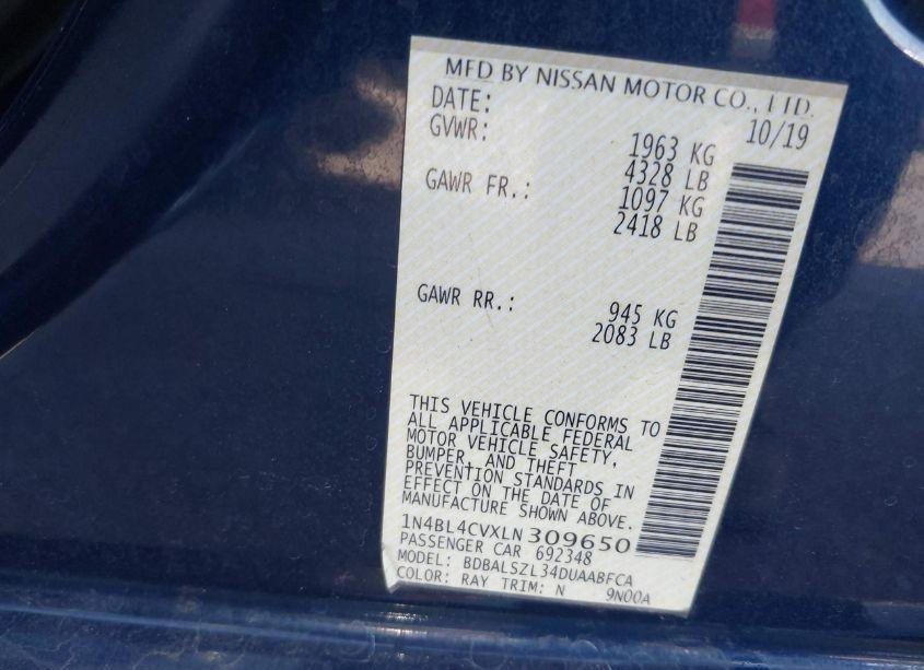 Photo 9 of 2020 Nissan Altima SR FWD (VIN 1N4BL4CVXLN309650)