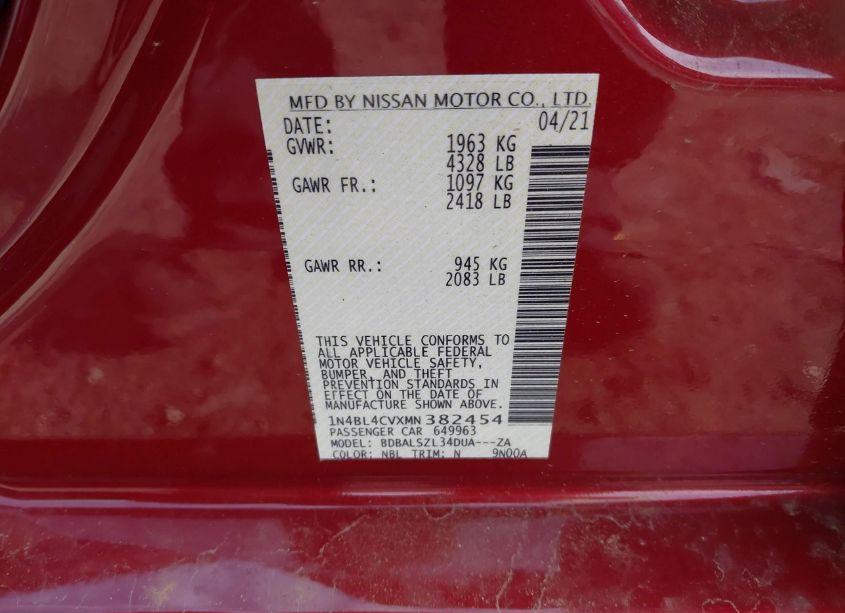 Photo 9 of 2021 Nissan Altima SR FWD (VIN 1N4BL4CVXMN382454)