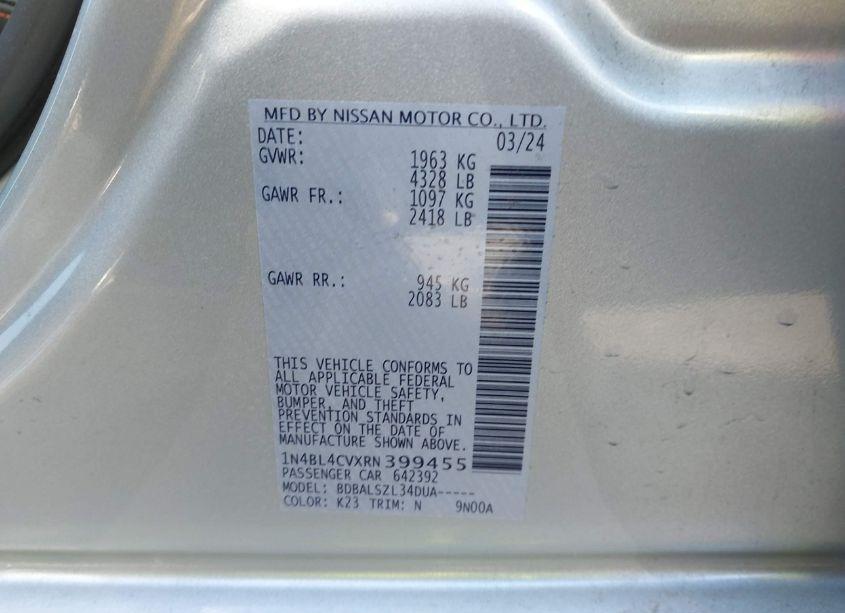 Photo 9 of 2024 Nissan Altima SR FWD (VIN 1N4BL4CVXRN399455)