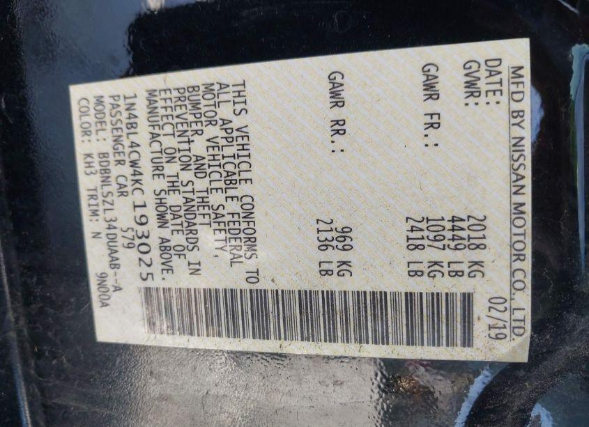 Photo 9 of 2019 Nissan Altima 2.5 SR (VIN 1N4BL4CW4KC193025)