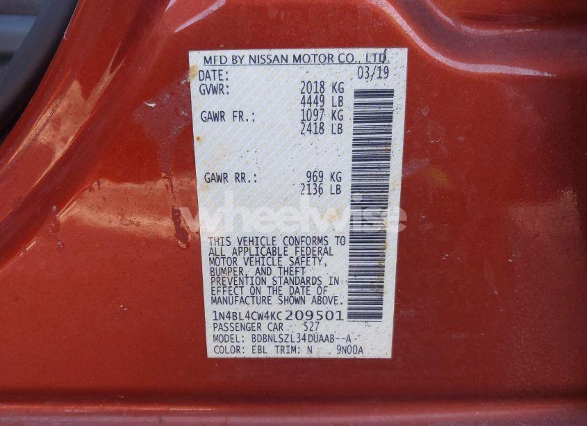 Photo 9 of 2019 Nissan Altima 2.5 SR (VIN 1N4BL4CW4KC209501)