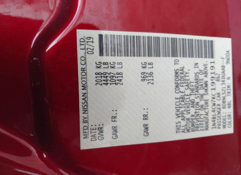 Photo 9 of 2019 Nissan Altima 2.5 SR (VIN 1N4BL4CW7KC199191)