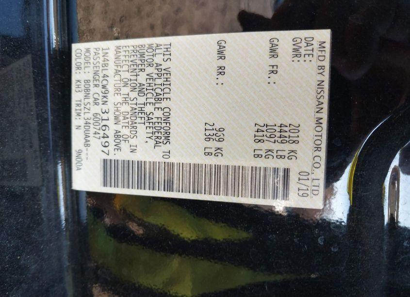 Photo 9 of 2019 Nissan Altima 2.5 SR (VIN 1N4BL4CW9KN316497)