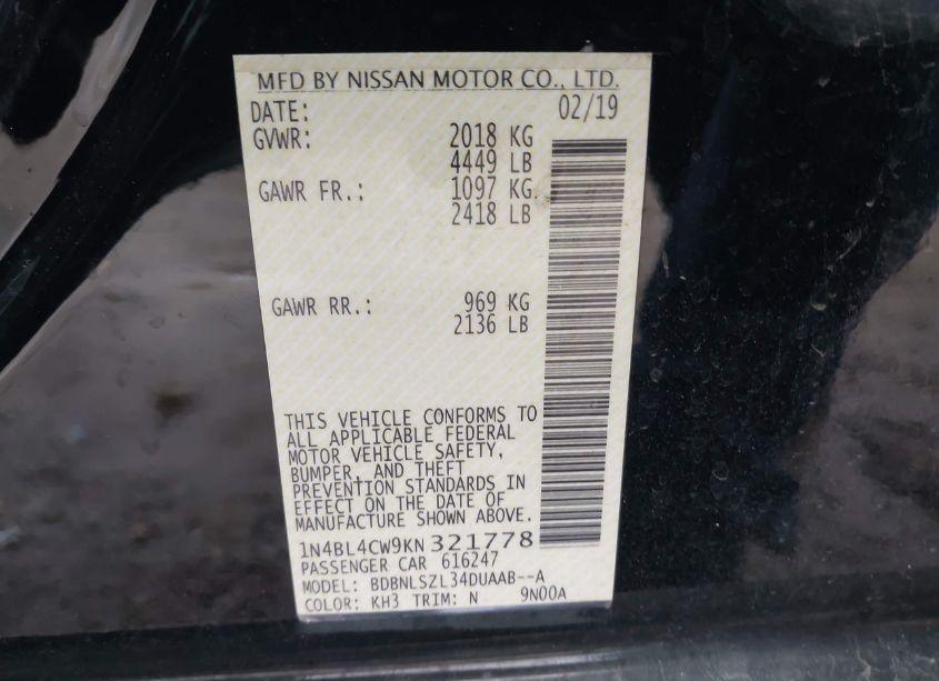 Photo 9 of 2019 Nissan Altima 2.5 SR (VIN 1N4BL4CW9KN321778)