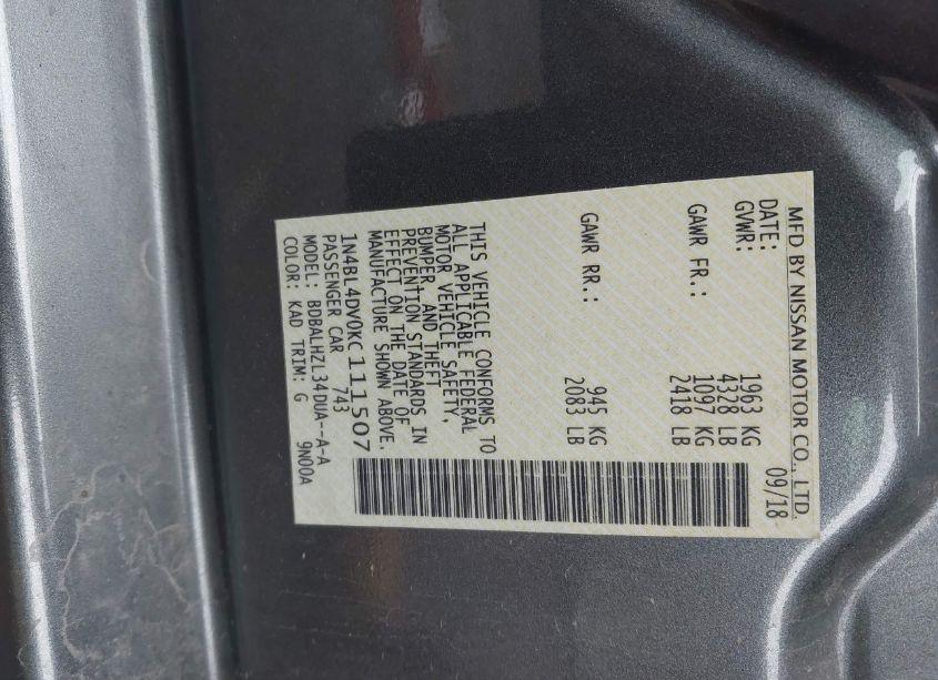 Photo 9 of 2019 Nissan Altima 2.5 SV (VIN 1N4BL4DV0KC111507)