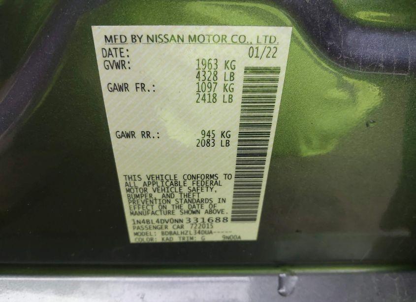 Photo 9 of 2022 Nissan Altima SV FWD (VIN 1N4BL4DV0NN331688)