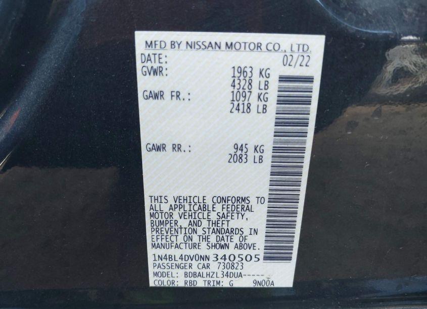 Photo 9 of 2022 Nissan Altima SV FWD (VIN 1N4BL4DV0NN340505)