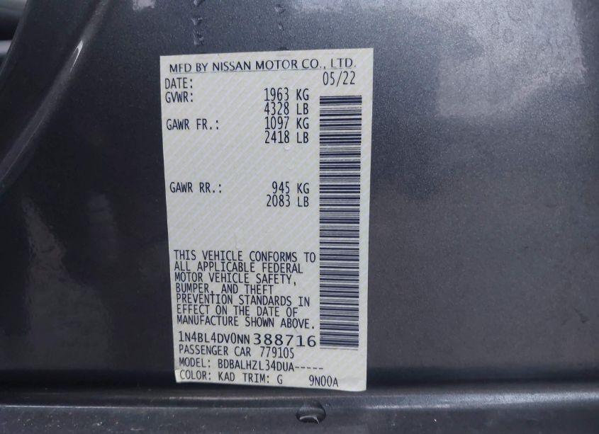 Photo 9 of 2022 Nissan Altima SV FWD (VIN 1N4BL4DV0NN388716)