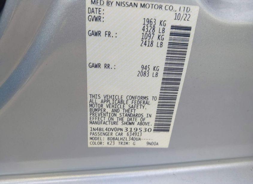 Photo 9 of 2023 Nissan Altima SV FWD (VIN 1N4BL4DV0PN319530)