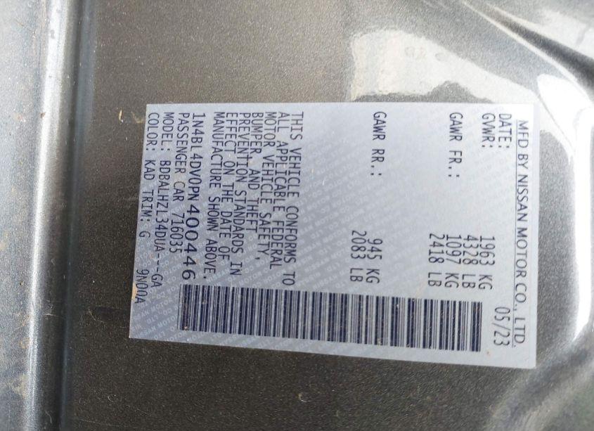 Photo 9 of 2023 Nissan Altima SV FWD (VIN 1N4BL4DV0PN400446)