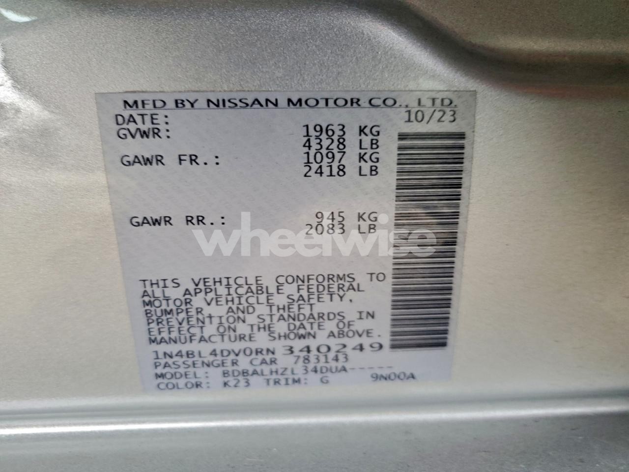 Photo 12 of 2024 NISSAN ALTIMA SV (VIN 1N4BL4DV0RN340249)