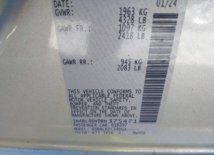 Photo 9 of 2024 Nissan Altima SV FWD (VIN 1N4BL4DV0RN375471)