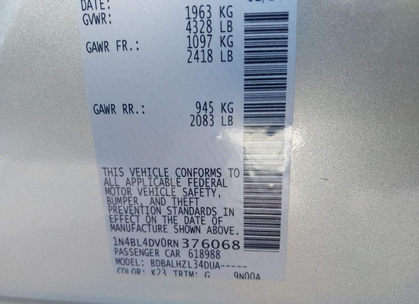 Photo 9 of 2024 Nissan Altima SV FWD (VIN 1N4BL4DV0RN376068)