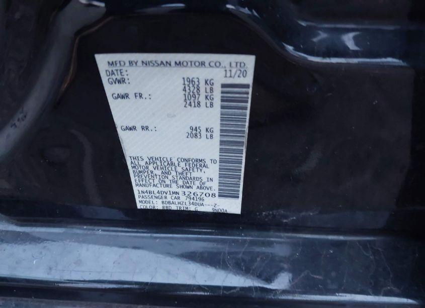 Photo 9 of 2021 Nissan Altima SV FWD (VIN 1N4BL4DV1MN326708)