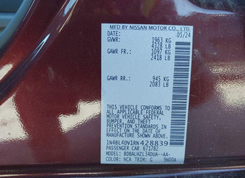 Photo 9 of 2024 Nissan Altima SV FWD (VIN 1N4BL4DV1RN428839)