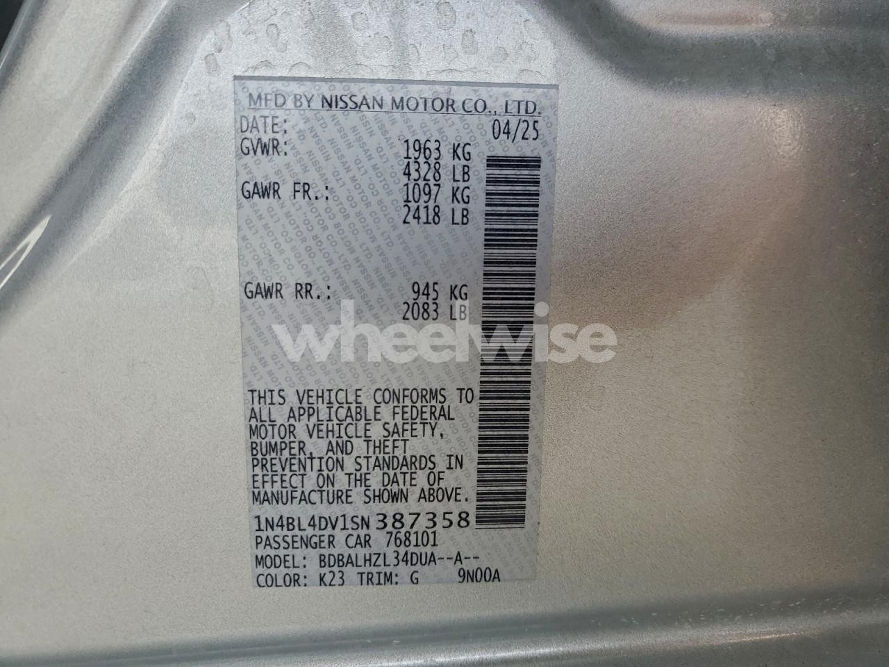 Photo 12 of 2025 NISSAN ALTIMA SV (VIN 1N4BL4DV1SN387358)