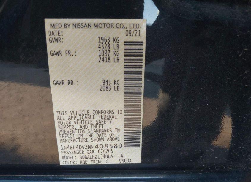 Photo 9 of 2021 Nissan Altima SV FWD (VIN 1N4BL4DV2MN408589)