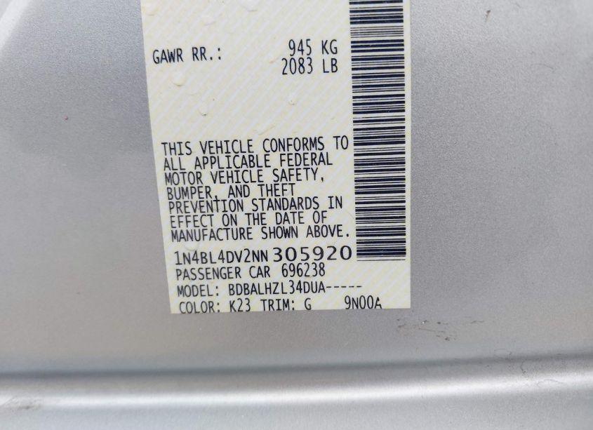 Photo 9 of 2022 Nissan Altima SV FWD (VIN 1N4BL4DV2NN305920)