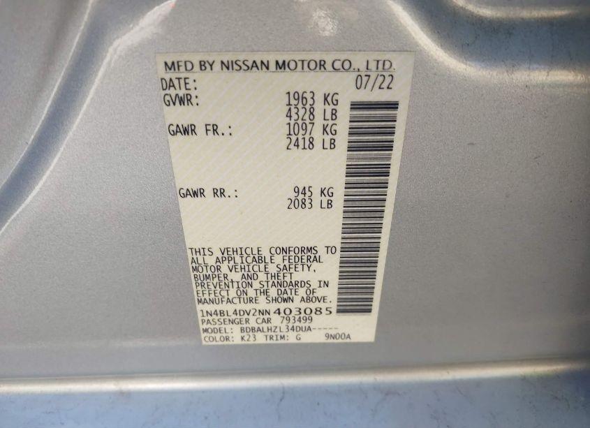 Photo 9 of 2022 Nissan Altima SV FWD (VIN 1N4BL4DV2NN403085)