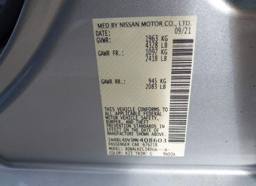 Photo 9 of 2021 Nissan Altima SV FWD (VIN 1N4BL4DV3MN408603)