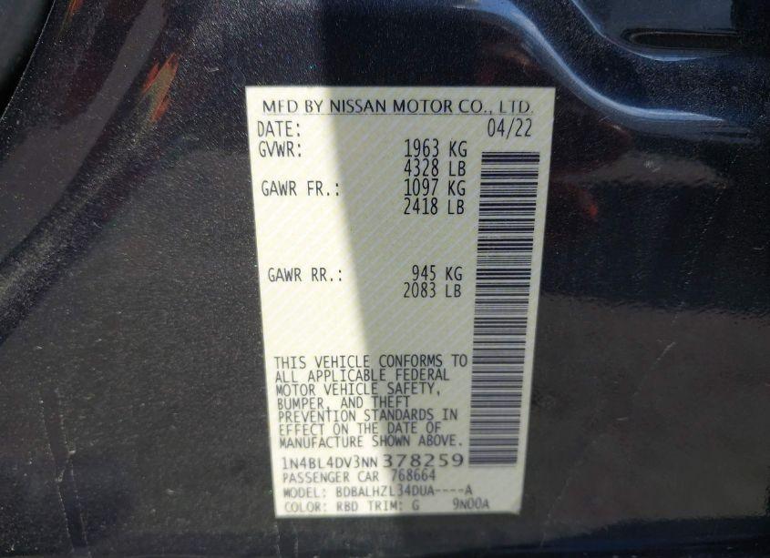Photo 9 of 2022 Nissan Altima SV FWD (VIN 1N4BL4DV3NN378259)