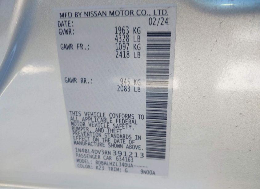 Photo 9 of 2024 Nissan Altima SV FWD (VIN 1N4BL4DV3RN391213)