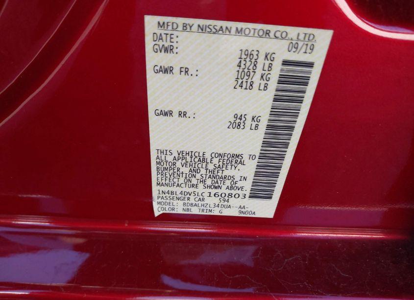 Photo 9 of 2020 Nissan Altima SV FWD (VIN 1N4BL4DV5LC160803)