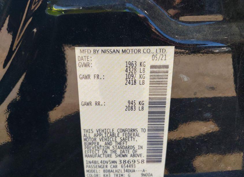 Photo 9 of 2021 Nissan Altima SV FWD (VIN 1N4BL4DV5MN386958)