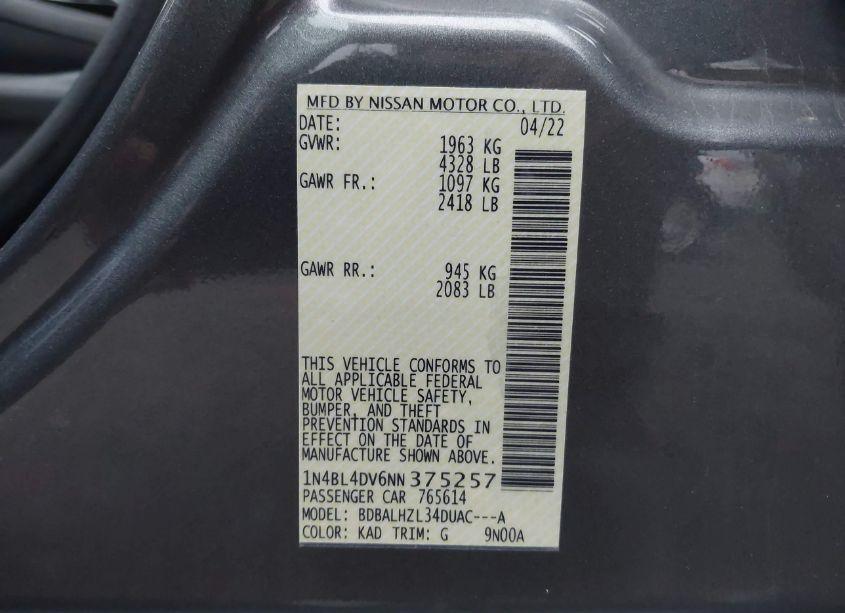 Photo 9 of 2022 Nissan Altima SV FWD (VIN 1N4BL4DV6NN375257)