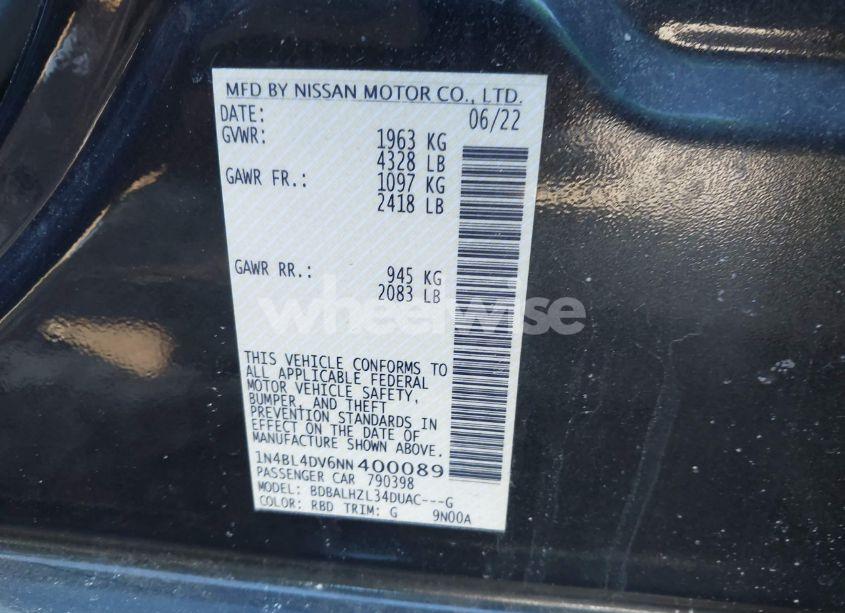 Photo 9 of 2022 Nissan Altima SV FWD (VIN 1N4BL4DV6NN400089)