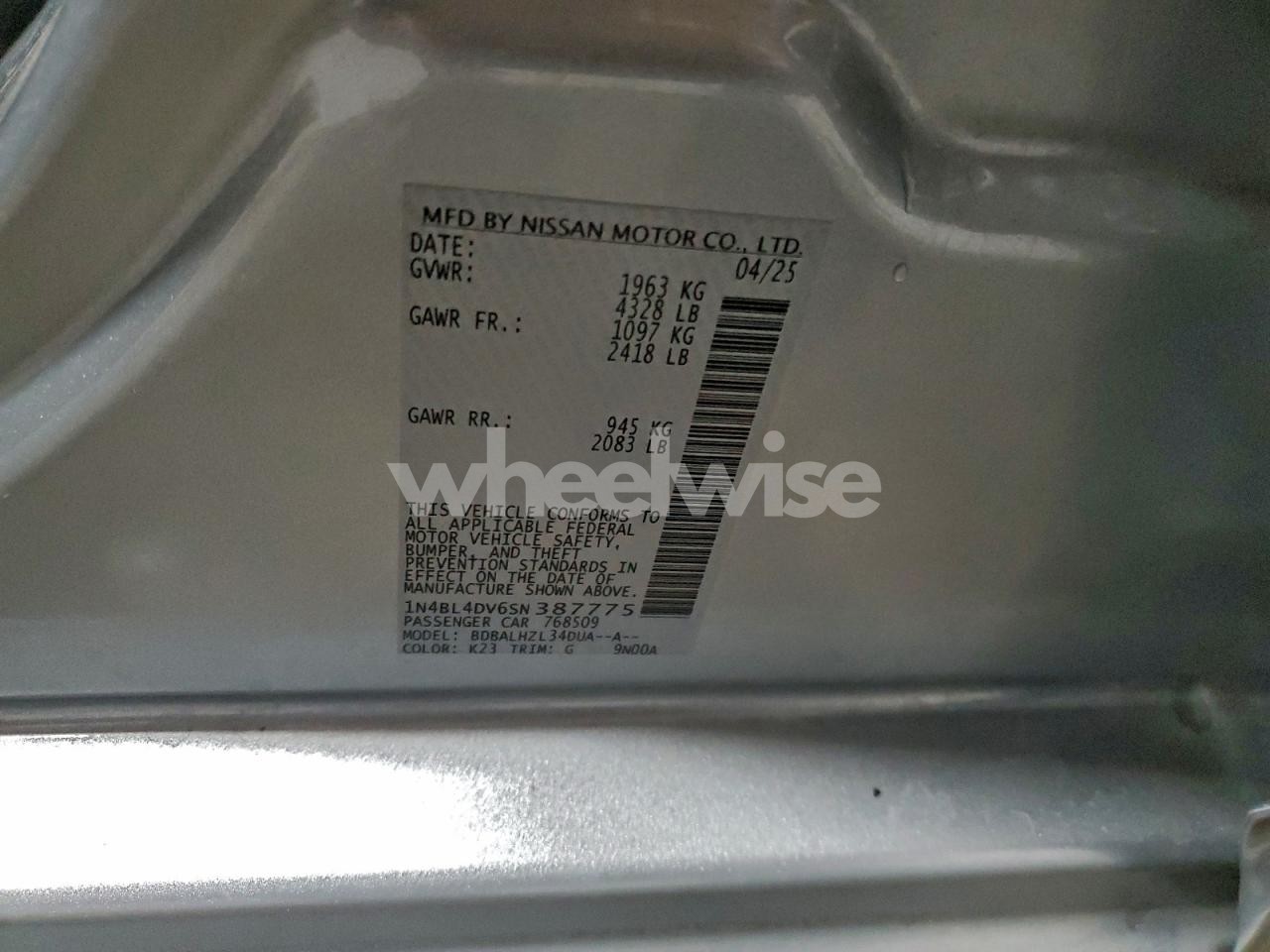 Photo 12 of 2025 NISSAN ALTIMA SV (VIN 1N4BL4DV6SN387775)