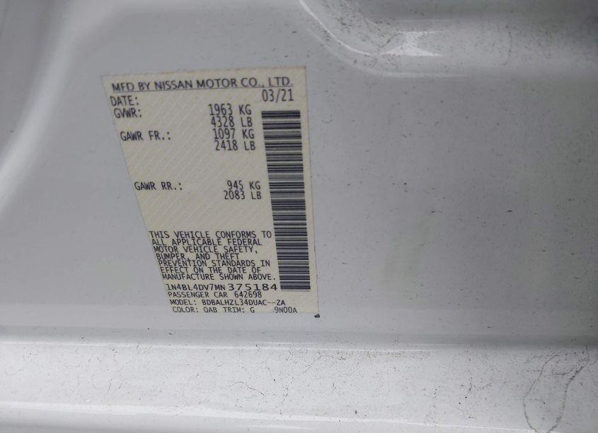 Photo 9 of 2021 Nissan Altima SV FWD (VIN 1N4BL4DV7MN375184)