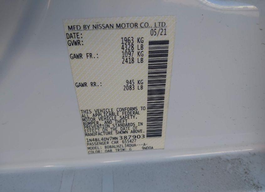 Photo 9 of 2021 Nissan Altima SV FWD (VIN 1N4BL4DV7MN387903)