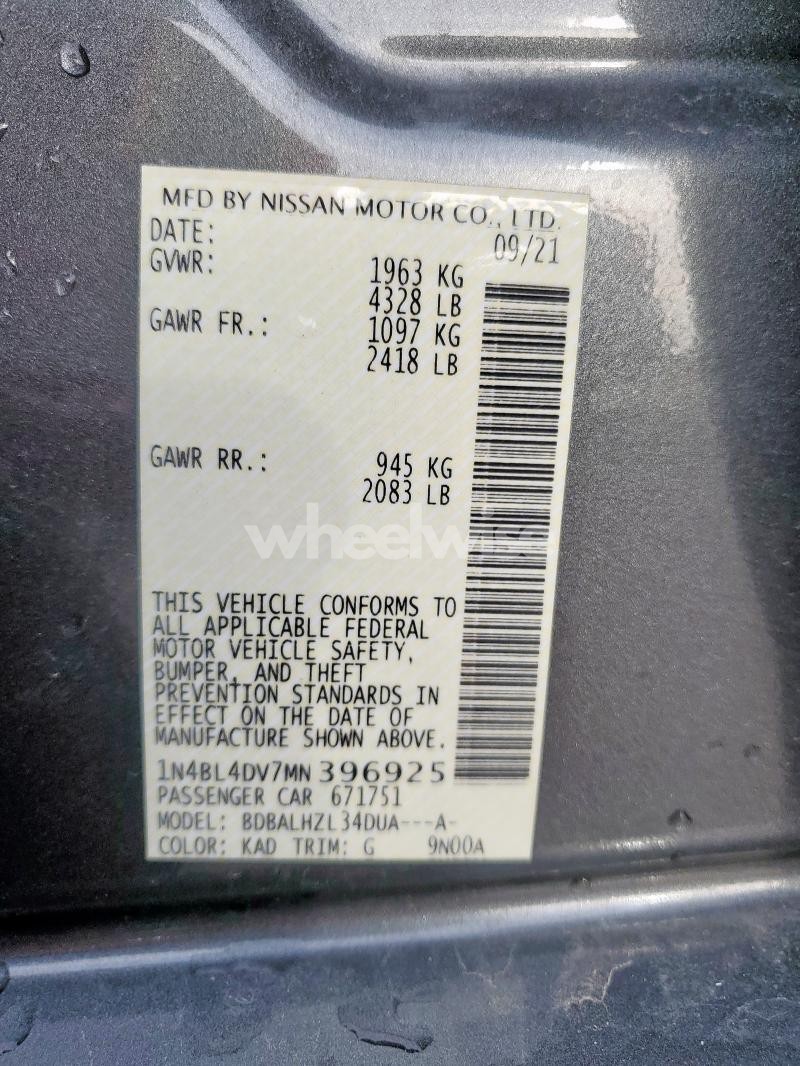 Photo 2 of 2021 NISSAN ALTIMA SV N/A (VIN 1N4BL4DV7MN396925)