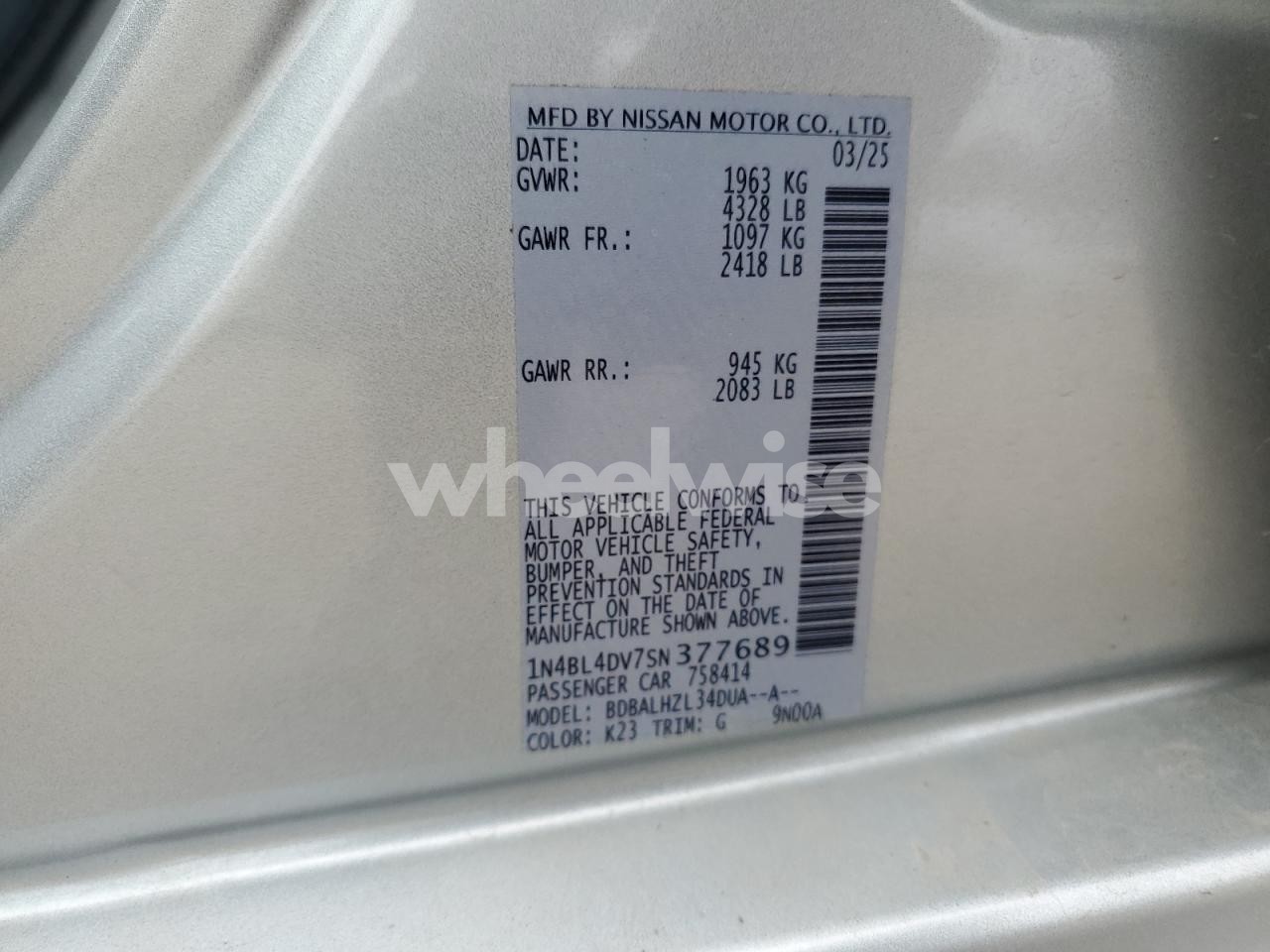 Photo 12 of 2025 NISSAN ALTIMA SV (VIN 1N4BL4DV7SN377689)
