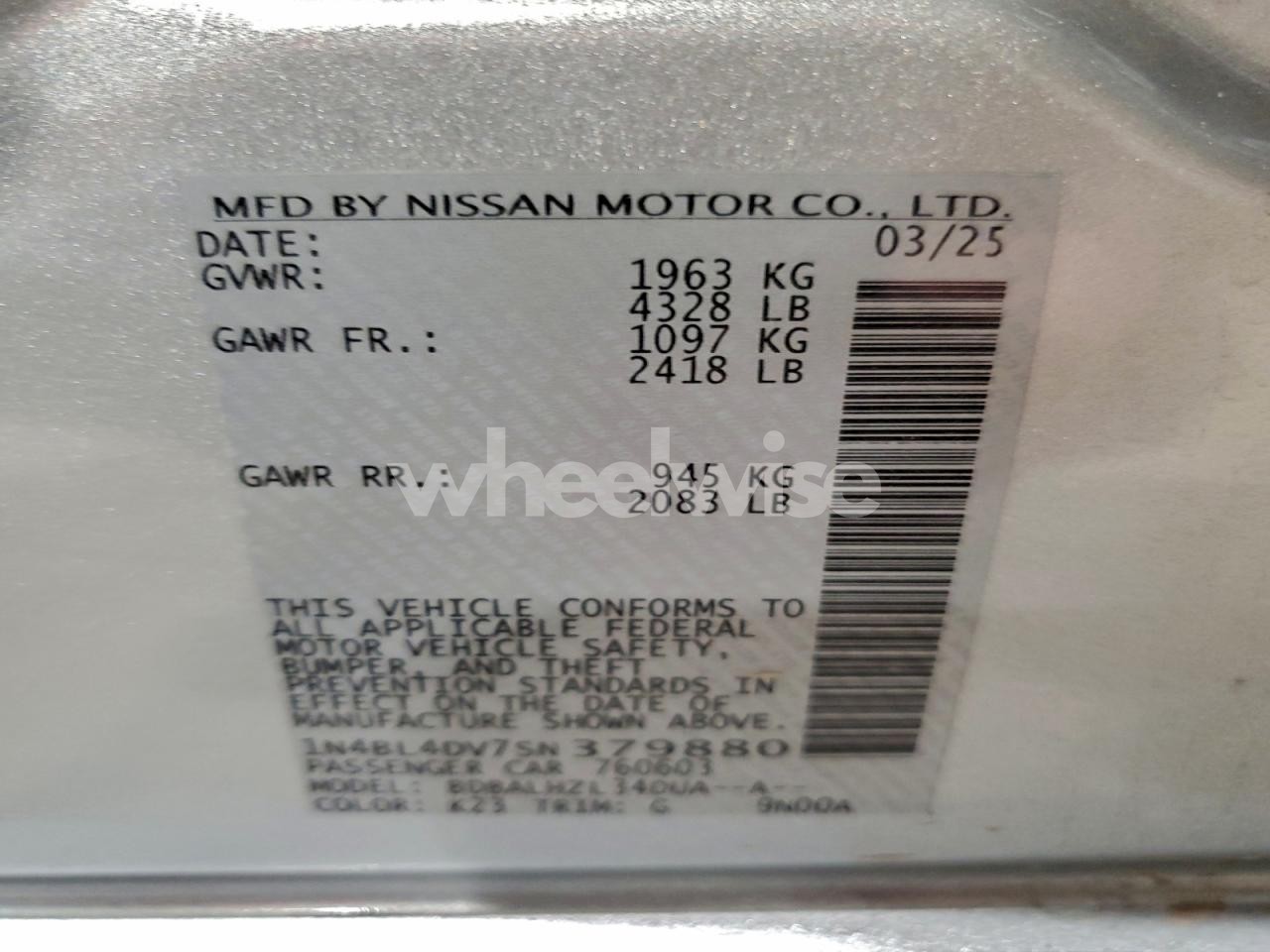 Photo 12 of 2025 NISSAN ALTIMA SV (VIN 1N4BL4DV7SN379880)
