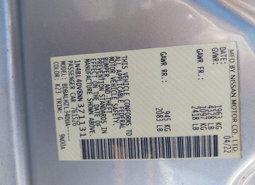 Photo 9 of 2022 Nissan Altima SV FWD (VIN 1N4BL4DV8NN371131)