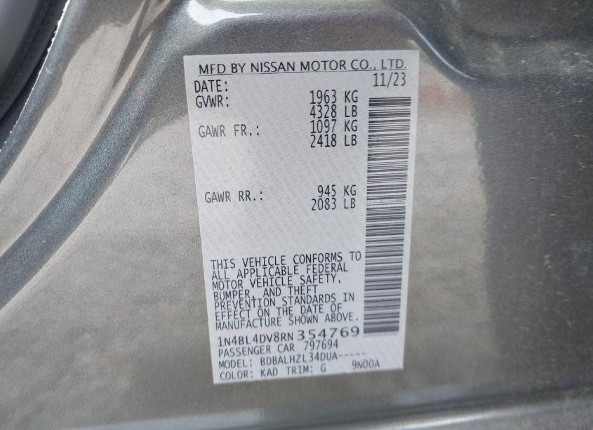 Photo 9 of 2024 Nissan Altima SV FWD (VIN 1N4BL4DV8RN354769)