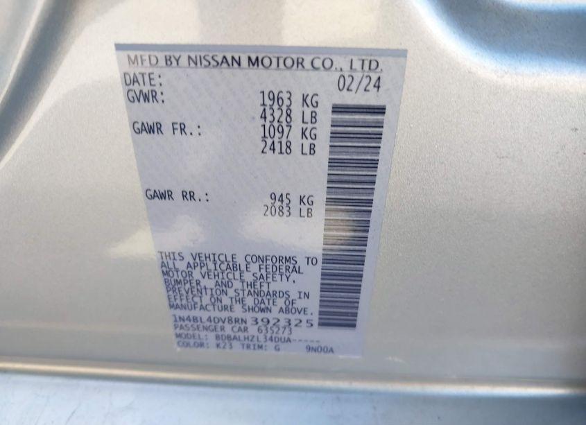 Photo 9 of 2024 Nissan Altima SV FWD (VIN 1N4BL4DV8RN392325)